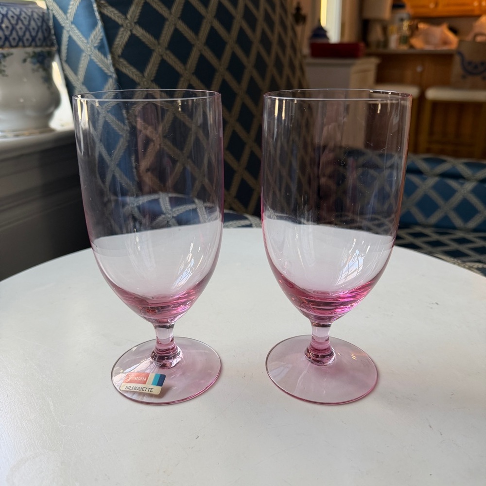 2 Fostoria Silhouette Pink Iced Tea Water Glasses Goblet one with sticker tag.